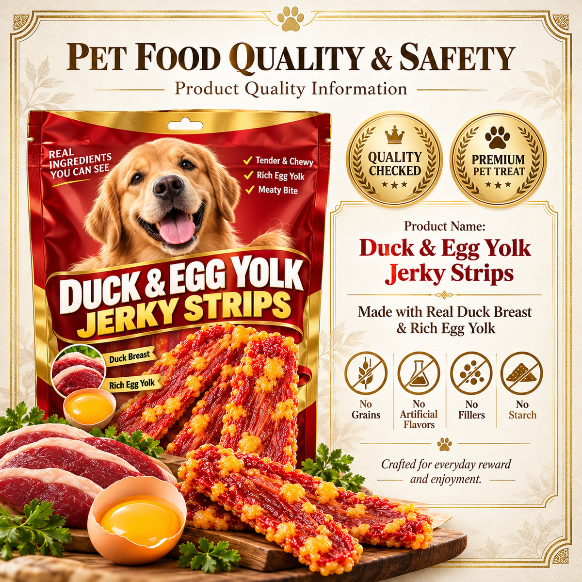 🐶 Premium Duck & Egg Yolk Jerky Strips – Tender & Chewy, Protein-Rich Dog Treats for Happy Tails 🦆🥚-Yana